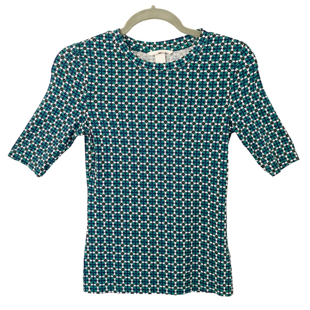 NWOT H&M Stretchy Shirt in Blue/Green/White✨Elbow Length Sleeves (XS)